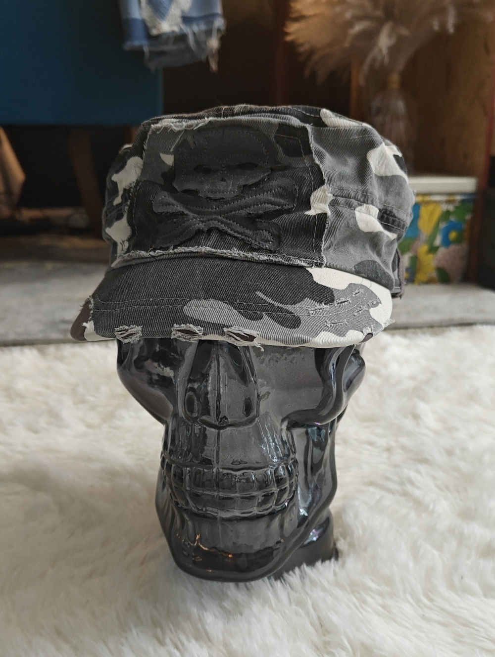 Y2K Disneyland Pirates of the Caribbean, Skull Patch Cap Black, Gray, White Camo
